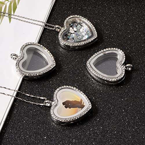WANDIC Rhinestone Photo Charm, Rose Gold Heart Crystal Photo Pendant Bridal Wedding Bouquet Charms Living Floating Memory Locket for 2 Pictures - color: Sliver