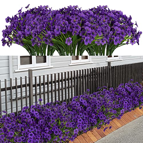 LikSoor 21 Bundles Artificial Outdoor UV Resistant Flowers No Fade Fake Outside Flowers Plastic Greenery Faux Shrubs Garden Porch Window Box Home Decoration(Purple) - color: Purple