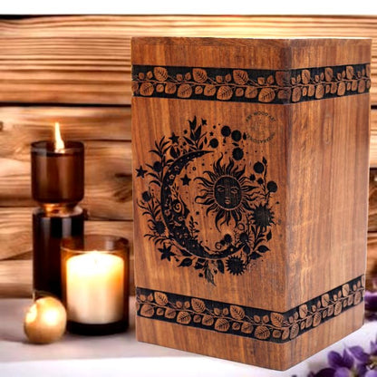 Sun & Moon Urns, Night Galaxy Unique Wooden Urn, Humans & Burial Urns for Ashes - Adult or Pet Dog Cat Ashes Cremains Memorial Funeral Urns for Adult Male Female ((9.5X5.5INCH) 180CB) - size: (9.5X5.5INCH) 180CB)