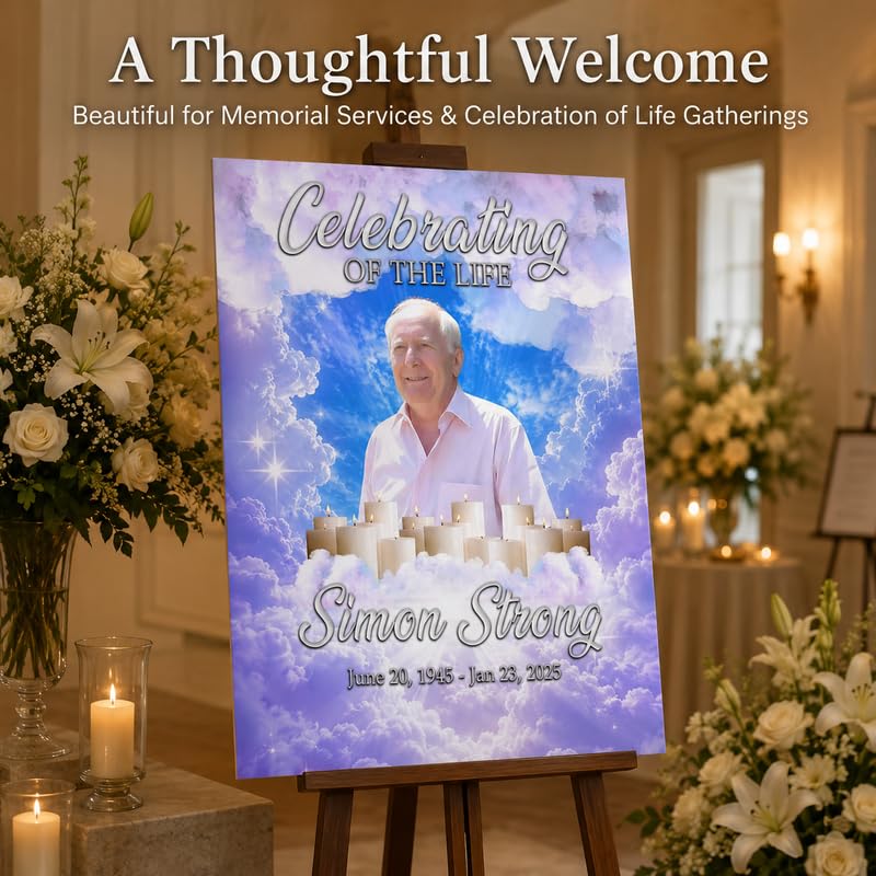 Personalized Funeral Memorial Sign with Photo and Heavenly Clouds - color: Design 3