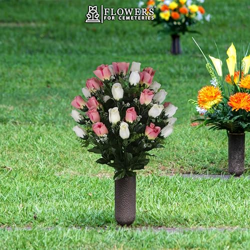 Artificial Cemetery Flowers - Gravesite Flowers - Cream Pink Roses - color: Cream and White Roses, size: (1) Bouquet