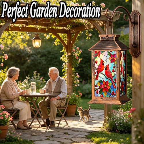 Solar Lanterns Outdoor Waterproof,Garden Decor Metal Hanging Decorative Solar Lights,Mothers Day Gifts,Birthday Gifts for Women Mom Grandma,Gardening Gifts for Yard,Patio, Lawn,Tabletop(Cardinal) - style: Style_ Red Bird