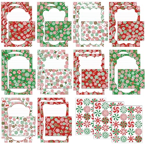 TaoBary 160 Pcs Stationery Paper Set 50 Double Sided Stationery Papers with 50 Matching Envelopes and 60 Round Dot Sticker, 10 Design(Christmas Candy,5.5 x 8.25 Inch) - size: 5.5 x 8.25 Inch, style: Christmas Candy