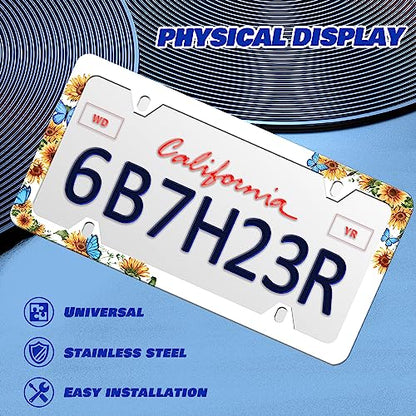 Blue Butterfly Sunflower License Plate Frames Stainless Steel 6x12 in 2Pack | Screws Included，2-Hole，Anti-Rust，Rattle-Proof ，Weather Resistant，Easy Installation，For Cars SUV Truck，Standard US - color: Blue Butterfly Sunflower 2 pieces