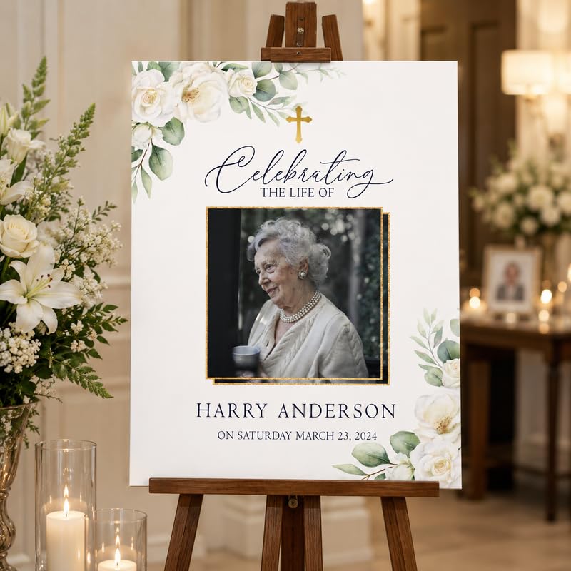 Personalized Funeral Welcome Sign with Photo, White Rose and Cross - color: Design 7