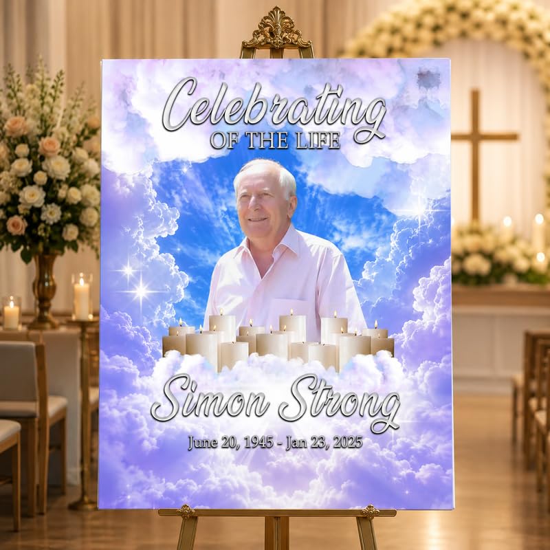 Personalized Funeral Memorial Sign with Photo and Heavenly Clouds - color: Design 3