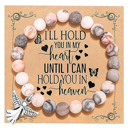 QWNHONEY Memorial Gifts for Loss of Loved Sympathy Remembrance In Memory of Mother Father Pet Bereavement Grief Pink Red Beads Bracelet with Angle Wings Jewelry Gifts for Women - style: Pink-Angel-I'll hold you in my heart