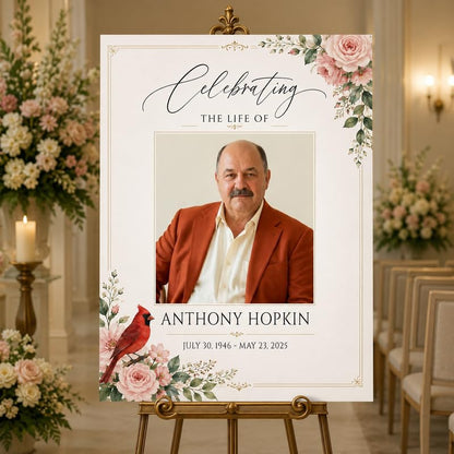 Custom Celebration of Life Sign with Photo, Floral Cardinal Design - color: Design 4