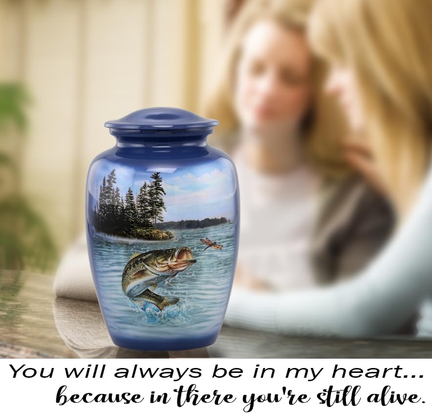 Gone Fishing Bass Cremation Urn – Adult Urn for Human Ashes up to 210 lbs – Fisherman Tribute Memorial Funeral Urn for Men and Women – Full Size Bass Fish Urn with Velvet Bag (Large) - size: Large (Bass)