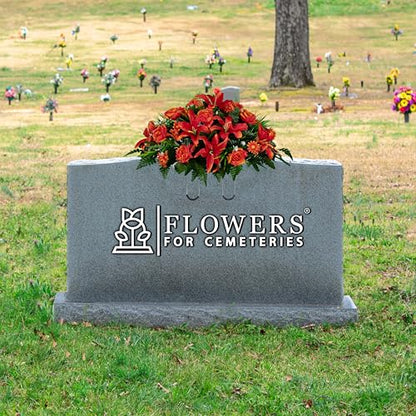 Sympathy Silks 30" Headstone Flower Saddle Artificial Cemetery Flowers - Gravesite Flowers - Fire Red Lily, Rose, and Daisies - color: Fire Red, size: Saddle