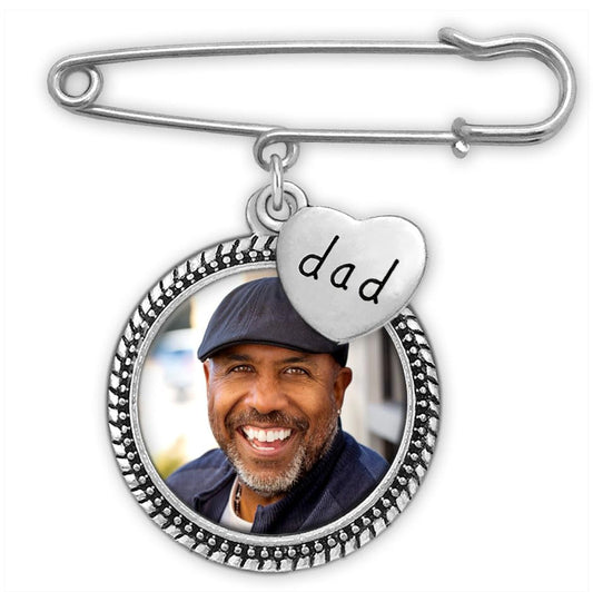 Dad Memorial Wedding Photo Bouquet Charm Pin for Bride's Flowers or Groom | Remembrance Gift for Groom Boutonniere with Dad Heart Charm. Easily Add Your Own Photo with Resizer