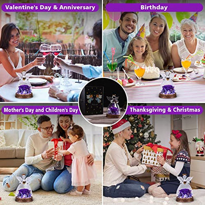 Preserved Real Rose in Glass Angel Figurine with LED Light, Angel Gifts for Women, Mom, Grandma on Mother's Day Christmas Birthday (Purple) - color: Purple