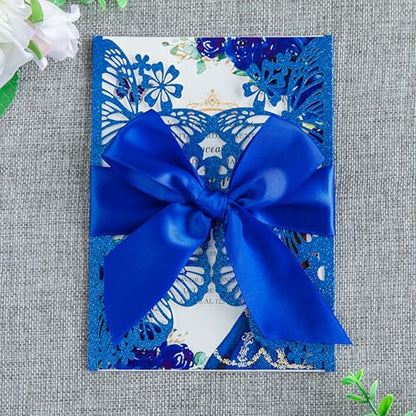 20 PCS Butterfly Quinceanera Invitation, Laser Cut Invitation Cards | 5.12x7.2" Blue Glitter Butterfly Quinceanera Invitation with Envelopes for XV Anos Bridal Shower Baby Shower Invite - color: Blue Glitter