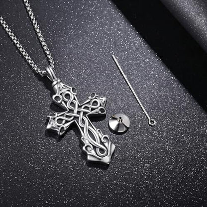 925 Sterling Silver Celtic Cross Urn Necklace for Ashes | Memorial Keepsake Cremation Catholic Jewelry for Men Women - color: Silver-1