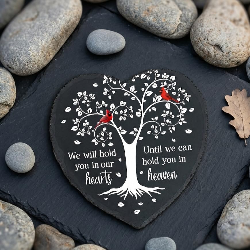 Cardinal Memorial Stone - Hold You in Our Hearts, Sympathy Gifts for Loss of Loved One, Memorial Gifts for Loss of Dad, Mom Garden Stone Slate Plaque