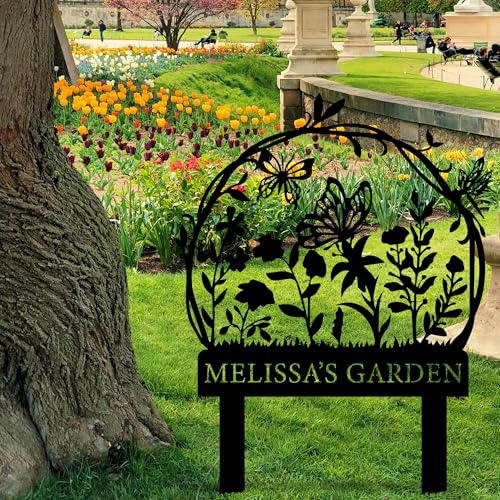 Personalized Garden Sign with Flower Design Custom Stake Butterfly Customized Gardening Gift Farmhouse Decor for Outside Gardening Decorative Gifts Gardeners Backyard Art Yard Outdoor Lawn Patio Path Black Large Camping Housewarming Mom Grandmother - colo