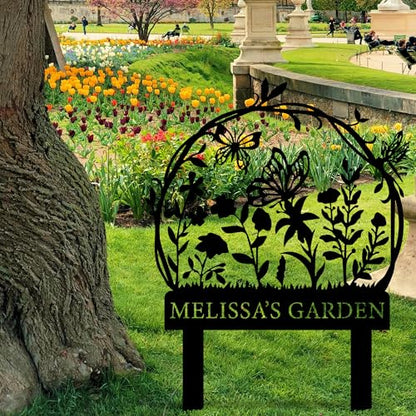 Personalized Garden Sign with Flower Design Custom Stake Butterfly Customized Gardening Gift Farmhouse Decor for Outside Gardening Decorative Gifts Gardeners Backyard Art Yard Outdoor Lawn Patio Path Black Large Camping Housewarming Mom Grandmother - colo