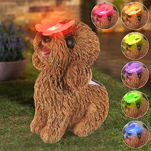 Dog Statues Outdoor Decor, Solar Lights Outdoor Statue Garden Decorations | Outside Dog Statue Decor for Yard Patio Balcony & Backyard - Home House Decoration Art - Gift for Men Dad Women Mom - color: Teddy