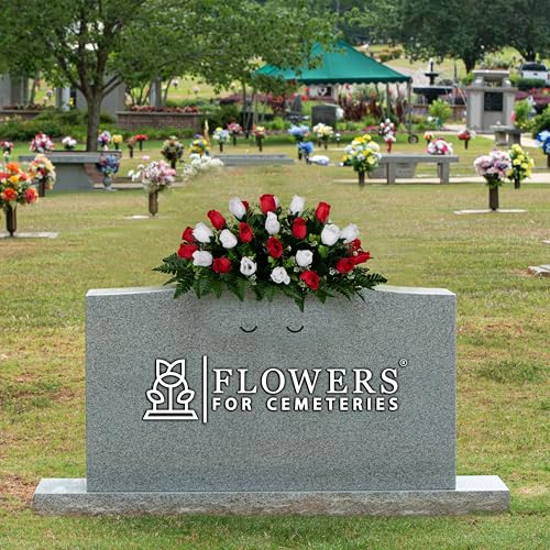 30" Headstone Flower Saddle Artificial Cemetery Flowers - Gravesite Flowers - Red and White Roses - color: Red and White Roses, size: (1) Saddle