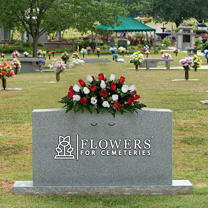 30" Headstone Flower Saddle Artificial Cemetery Flowers - Gravesite Flowers - Red and White Roses - color: Red and White Roses, size: (1) Saddle