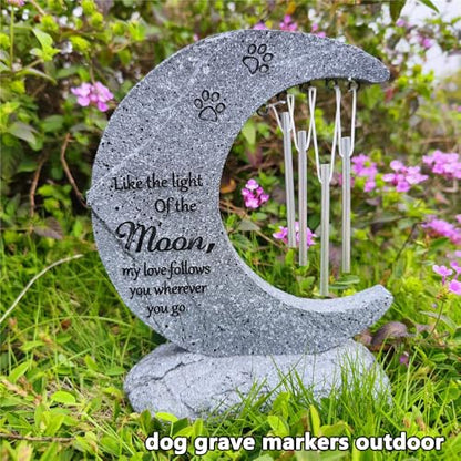Pet Dog Memorial Stone Headstone Grave Marker with Windchimes | Pet Gravestone for Dog Lost, Moon Shape, Weatherproof, Handmade of Resin, Sympathy Pet Dog Cat Memorial Gifts Outdoor