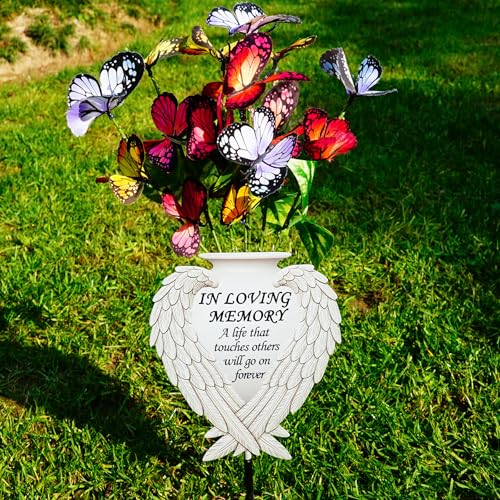 Solar Angel Wing Memorial Stake - Metal Silhouette Grave Decorations for Cemetery - Flat Outdoor Sympathy Gift with Butterfly Lights & Flowers - Bereavement Decor for Loss of Mom Dad（with Flowers)) - style: Angel Wings with Flowers