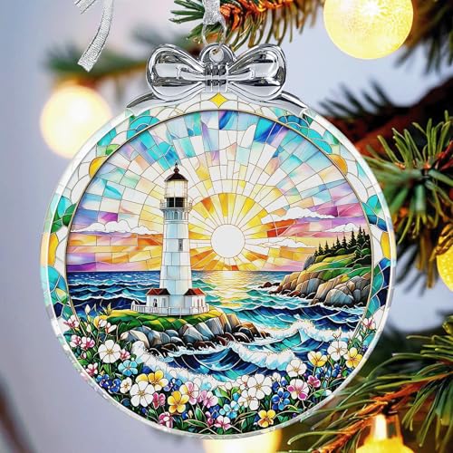Lighthouse Ornament Crystal Glass with Gift Box- Lighthouse Gifts for Women- Hanging Ornaments for Christmas Tree Xmas Decorations, Holiday Keepsake Present Exchange Ideas - color: Lighthouse