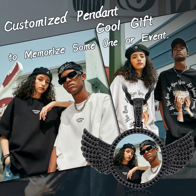 YIMERAIRE Customized Picture Necklace Personalized Circle Chain - color: 02 Black Angel Wing Blank Pendant
