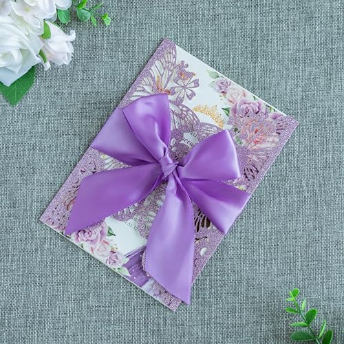 20 PCS Butterfly Quinceanera Invitation, Laser Cut Invitation Cards | 5.12x7.2" Purple Glitter Butterfly Quinceanera Invitation with Envelopes for XV Anos Bridal Shower Baby Shower Invite - color: Purple Glitter