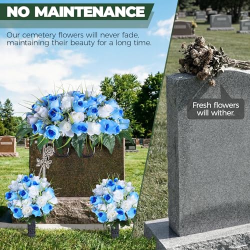 3 PCS Artificial Cemetery Flowers for Grave, Headstone Flower Saddle - color: Blue and White