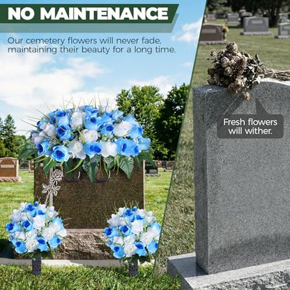 3 PCS Artificial Cemetery Flowers for Grave, Headstone Flower Saddle - color: Blue and White