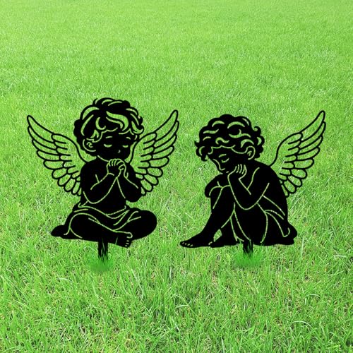 GLOBLELAND 2pcs Little Angel Mental Garden Stakes Black Silhouette Guardian Angel Decorative Yard Stakes Spring Trees Metal Outdoor Art Decor for Yard Patio Lawn Walkway Ornament
