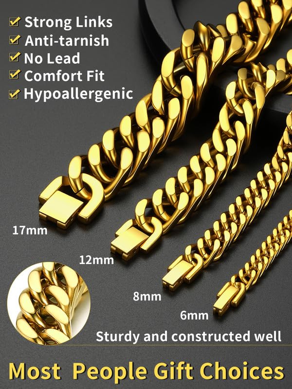 ChainsHouse Stainless Steel Cuban Link Bracelet, 6mm/8mm/12mm/17mm Width, 7.5"/8.3"/9", Black/ 18K Gold Plated Chain Wrist Bracelets for Men Women, Send Gift Box - color: K: Gold-8mm width