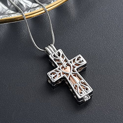 Crystal Cross Necklace for Ashes Stainless Steel Keepsake Cremation Jewelry Religious Cross Memorial Urn Necklace for Pet Human Ashes Gifts - color: S-Rosegold