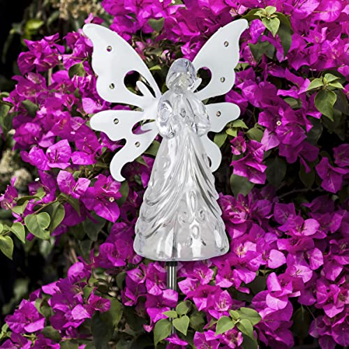 Exhart Garden Solar Lights, Decorative Angel Garden Stake, 13 LEDs, Cute Yard and Pathway Decor, White, 7 x 40 Inch - size: Large