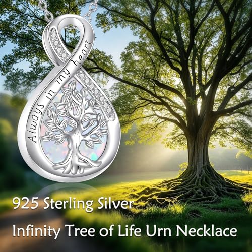 Diamond Tree of Life Urn Necklace for Ashes 925 Sterling Silver Family Tree of Life Cremation with Funnel Filler Ash Holder Keepsake Memorial Jewelry Gifts for Women,18+2 inch - style: Style 2-White Opal