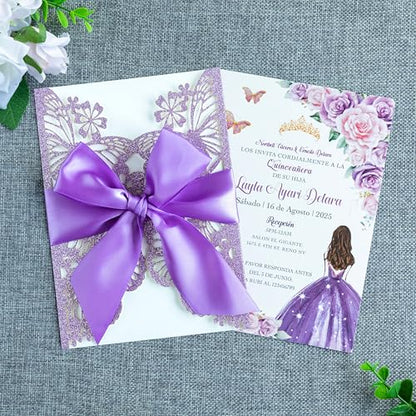 20 PCS Butterfly Quinceanera Invitation, Laser Cut Invitation Cards | 5.12x7.2" Purple Glitter Butterfly Quinceanera Invitation with Envelopes for XV Anos Bridal Shower Baby Shower Invite - color: Purple Glitter