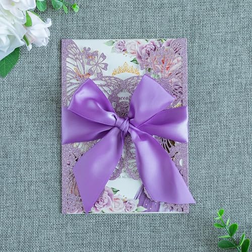 20 PCS Butterfly Quinceanera Invitation, Laser Cut Invitation Cards | 5.12x7.2" Purple Glitter Butterfly Quinceanera Invitation with Envelopes for XV Anos Bridal Shower Baby Shower Invite - color: Purple Glitter
