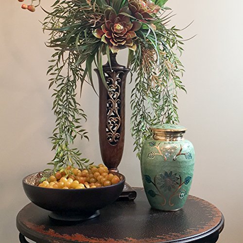 Green Garden Brass Large Cremation Urn | Unique Brass Funeral Urn with Gold & Green Enamel Details | Large - size: Adult
