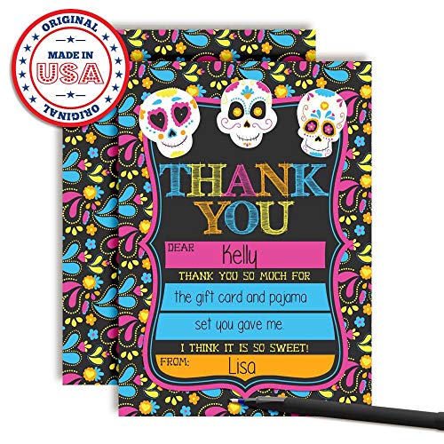 Sugar Skull Day of The Dead, Dia De Los Muertos, Colorful Halloween Thank You Notes for Kids, Ten 4" x 5.5" Fill In The Blank Cards with 10 White Envelopes by AmandaCreation - style: Sugar Skull Day of The Dead