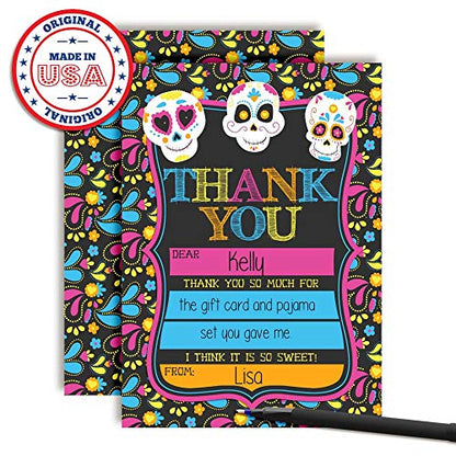 Sugar Skull Day of The Dead, Dia De Los Muertos, Colorful Halloween Thank You Notes for Kids, Ten 4" x 5.5" Fill In The Blank Cards with 10 White Envelopes by AmandaCreation - style: Sugar Skull Day of The Dead