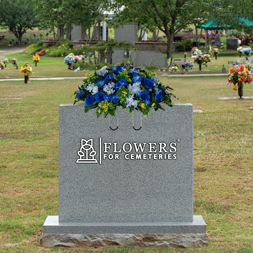 Sympathy Silks 30" Headstone Flower Saddle Artificial Cemetery Flowers - Gravesite Flowers - Blue Roses and Hydrangeas - size: Saddle