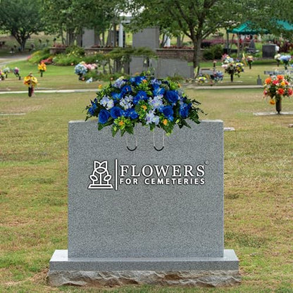 Sympathy Silks 30" Headstone Flower Saddle Artificial Cemetery Flowers - Gravesite Flowers - Blue Roses and Hydrangeas - size: Saddle