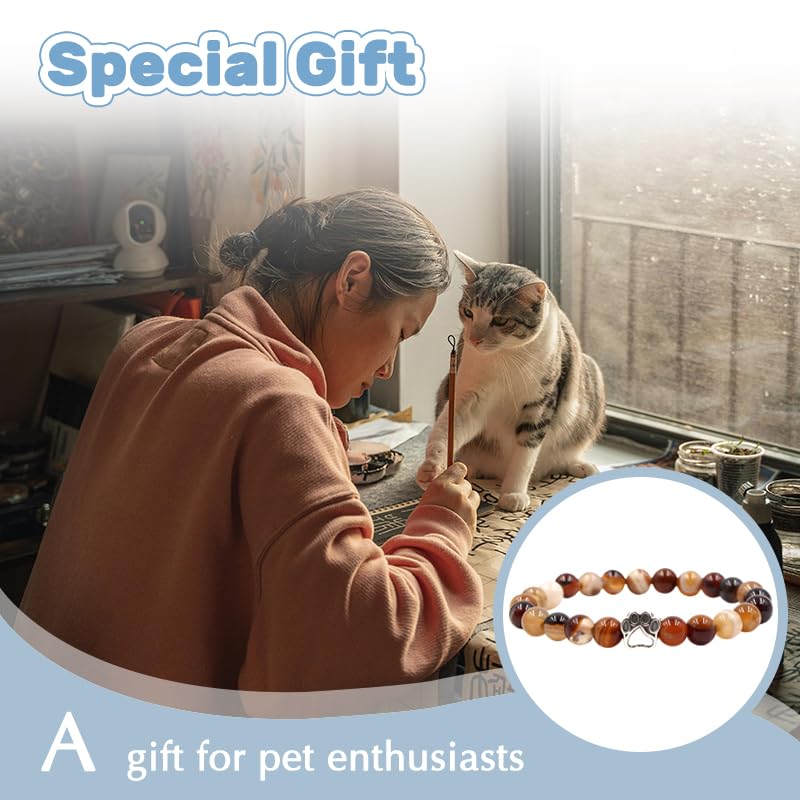 ShiQiao Spl Cat Dog Footprint Paw Stretchable Bracelet for Women Men Birthday Gifts for Cat Dog Lovers Gift for Pet Owner Natural Stone Beads Bracelets for Daughter Son Memorial Remembrance Bracelet