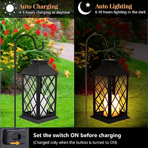 2 Pack Solar Hollow Lanterns Outdoor, Waterproof Patio Hanging Lanterns with LED Flickering Flameless Candle Lights, Decorative Solar Lantern for Porch, Garden, Patio, Yard, Table
