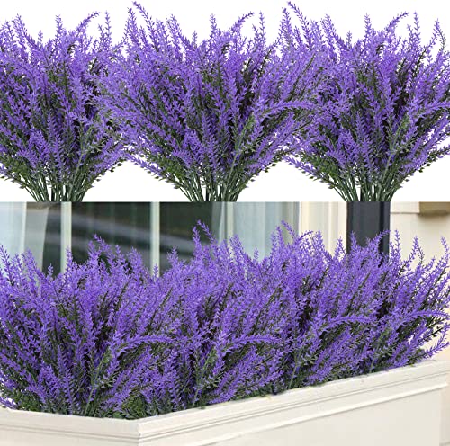 12 Pcs Artificial Lavender Fake Flowers Outdoors, Purple | Realistic, faux plastic plants, UV resistant, for home wedding garden patio window table centerpieces indoor outdoor decor - color: Purple, size: 12 Bundles