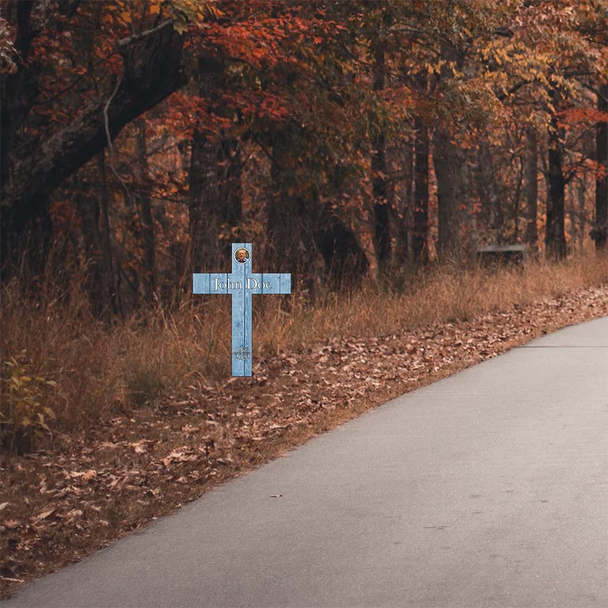 PK Décor Blue Faux Wood Cross for Wall Decor - Graveyard Decorations For Loved One - Sympathy Outdoor Gift with Photo - Grave Yard Plaque - Death of Baby Boy (Cross Fresh Blue) - style: Cross Fresh Blue