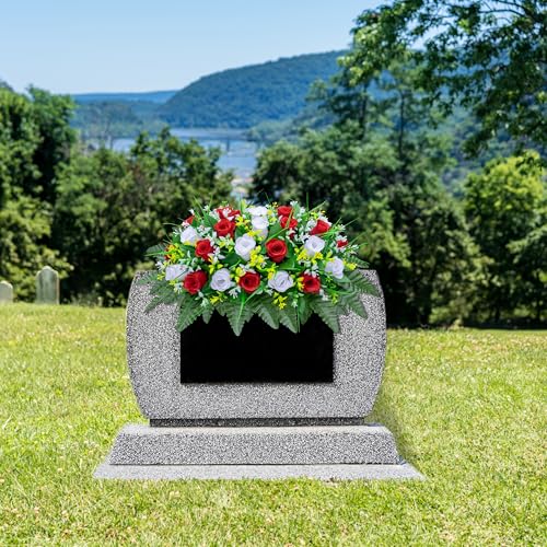LVXINLI Artificial Cemetery Flowers Saddle-Shaped Tombstone Decorations Non-Fading UV-Resistant （Red and White Saddle - color: Red and White Saddle