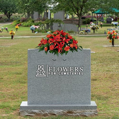 Sympathy Silks 30" Headstone Flower Saddle Artificial Cemetery Flowers - Gravesite Flowers - Fire Red Lily, Rose, and Daisies - color: Fire Red, size: Saddle