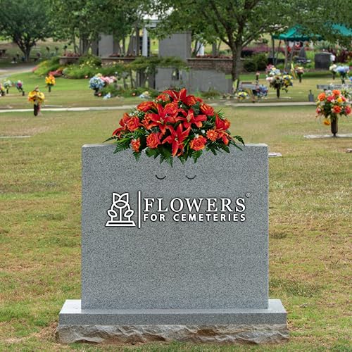 Sympathy Silks 30" Headstone Flower Saddle Artificial Cemetery Flowers - Gravesite Flowers - Fire Red Lily, Rose, and Daisies - color: Fire Red, size: Saddle